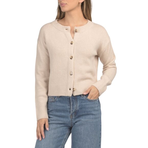 ELIE TAHARI Heather Cashmere Long Sleeve Button Up Cardigan With Ribbed Accents - Picture 1 of 2